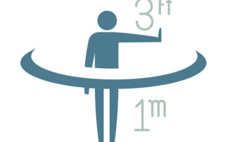 Illustrated image that displays a safe distance of 3 feet or 1 meter all around a person