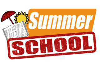 Summer school grunge rubber stamp on white, vector illustration ... CHANGED TO ... The words, summer school, is stamped with an umbrella, sun, and book graphic on a white background