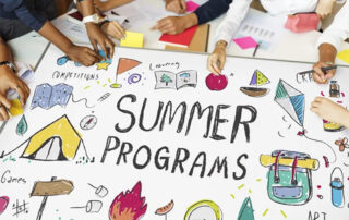 The words, summer programs, written on a white background with kids drawing summer camp graphics theme