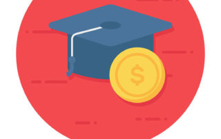 American Rescue Plan (ARP) graphic illustration with a graduation cap, gold coin on a red circle background